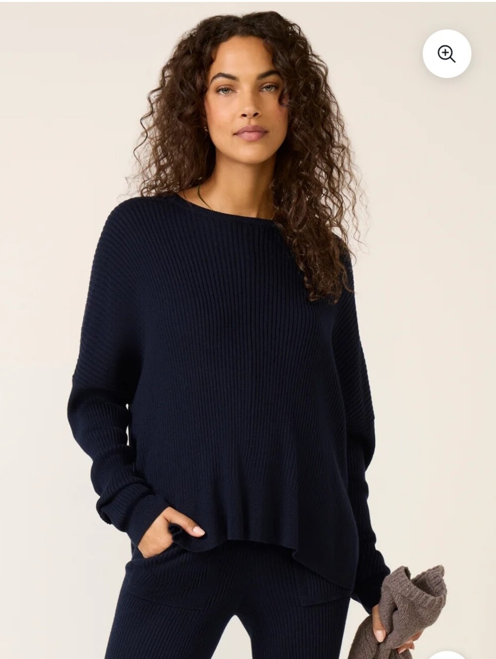Splendid Frankie Cashmere Blend Navy Ribbed Knit Crewneck Pullover Split Hem LG